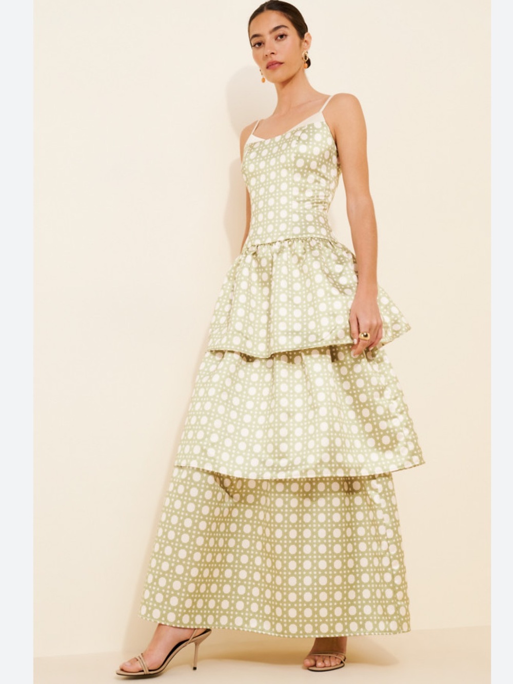 Mare Mare Sleeveless Tiered Maxi Dress in Light Green Print